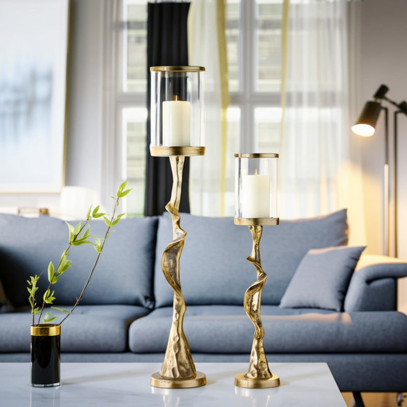 Modern Tall Sculptural Pillar Candle Holder for Decorative Tabletop Accent - Stylish Branch Inspired Candlestick Holder for Home Decor - Set of 2, 30", 21", Gold