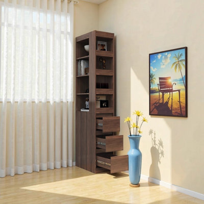 Armoire de rangement 70,87 "en noyer - Bibliothèque moderne à 4 niveaux avec tiroirs latéraux