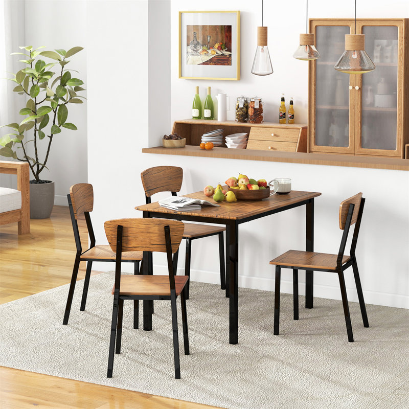 Industrial 5-Piece Dining Set with Dark Walnut MDF and Steel