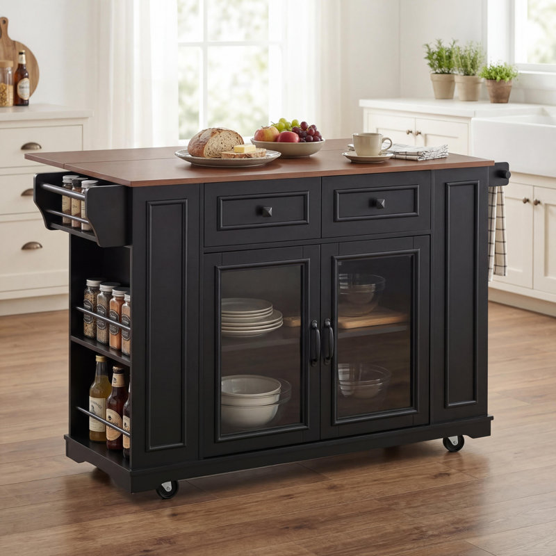 Cindora 54" Modern Mobile Kitchen Island with Power Outlet, Glass Door Storage & Rolling Prep Cart, Walnut/Black