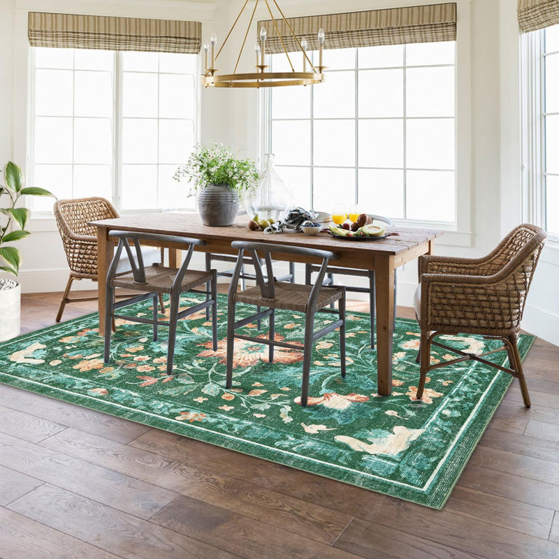 Washable Folding Floral Print Rug Washable Non - Slip Backing for Living Room Bedroom, Rectangle 10' x 13', Green