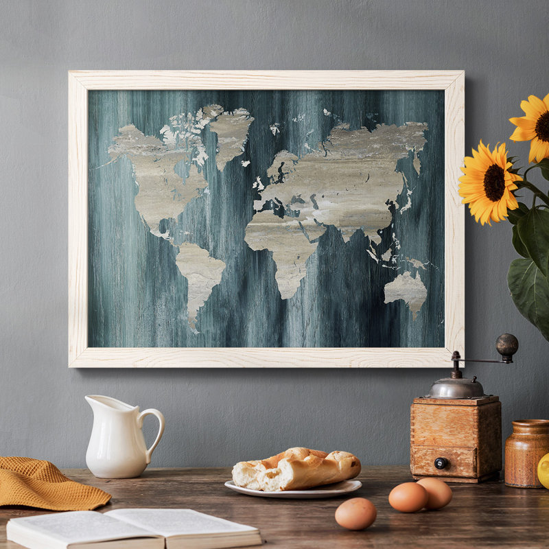 Carte du monde marine - toile tendue avec cadre rustique, Blanc, H 14 po x l 20 po x P 1,5 po