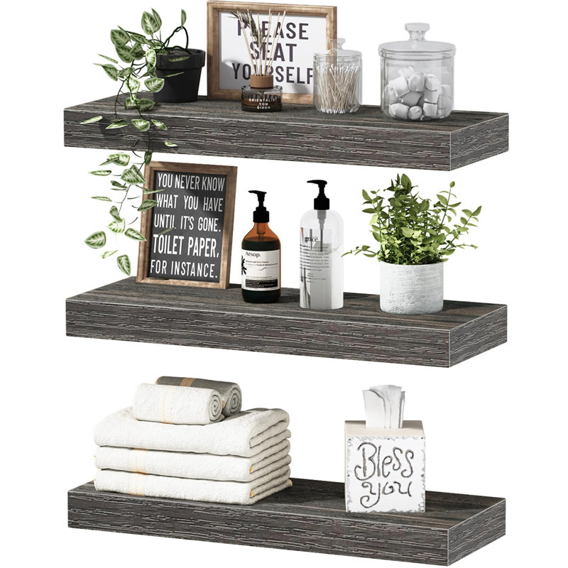 Dawnesha 3 Piece Solid Wood Floating Shelf, Gray