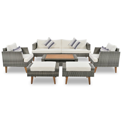 Ensemble de canapé en osier PE 6 pièces, canapé d'extérieur en rotin avec coussins doubles, plateau de table en bois avec pieds en bois, beige et gris