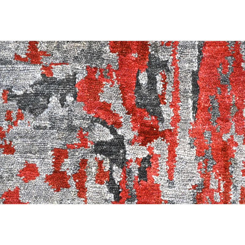 Tapis rectangulaire rouge / gris en viscose noué à la main, Rectangle 8 pi x 10 pi