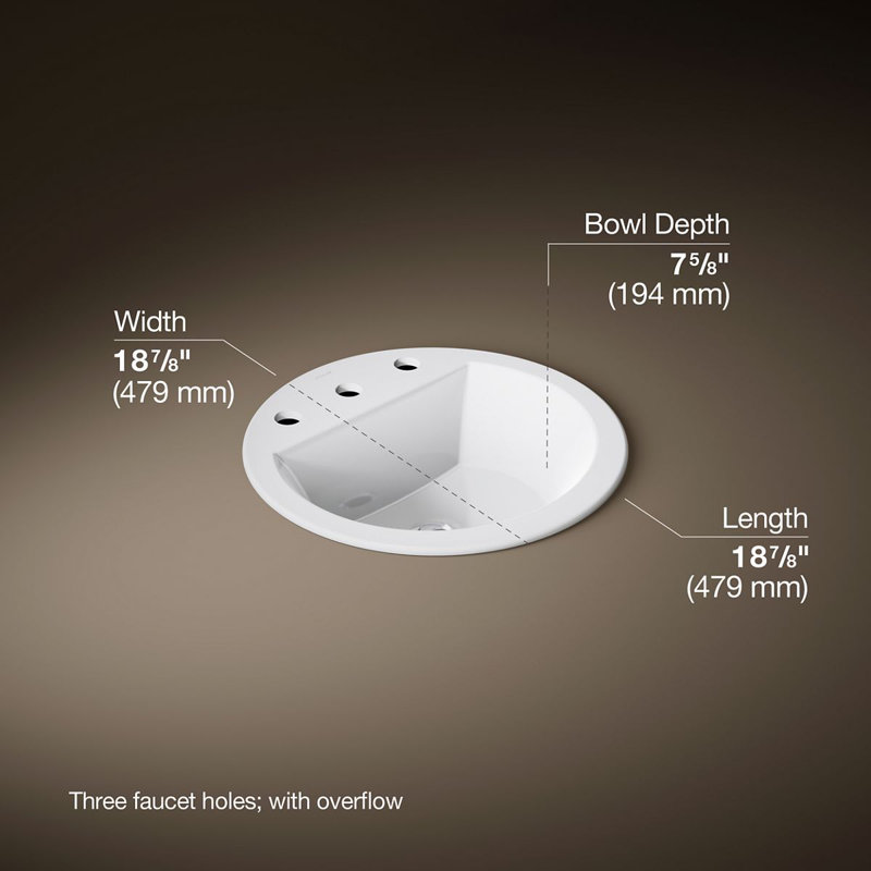 Bryant Ceramic Circular Drop-In Bathroom Sink with Overflow, White, 8'' Centers