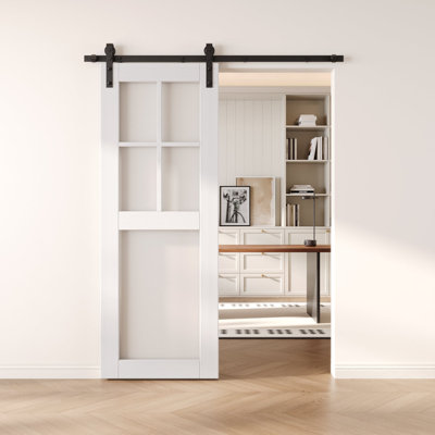 26x80 White Color 5-Lite Frosted Glass Design Finished Unassembled Solid Wood Sliding Barn Door Only