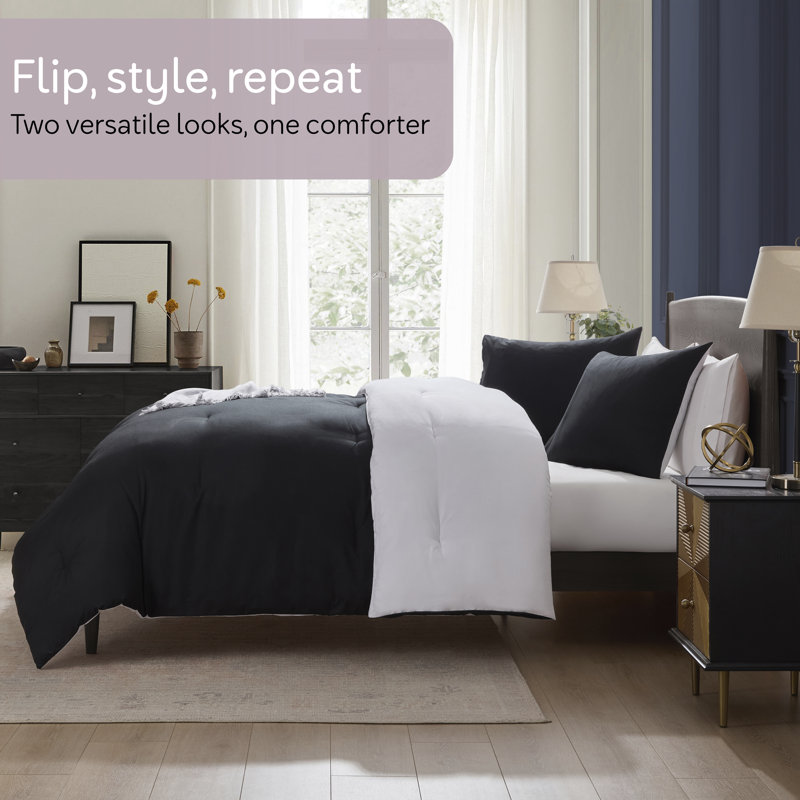 Modern Reversible 2 Piece Comforter Set, Black/White, Twin Comforter + 1 Standard Sham