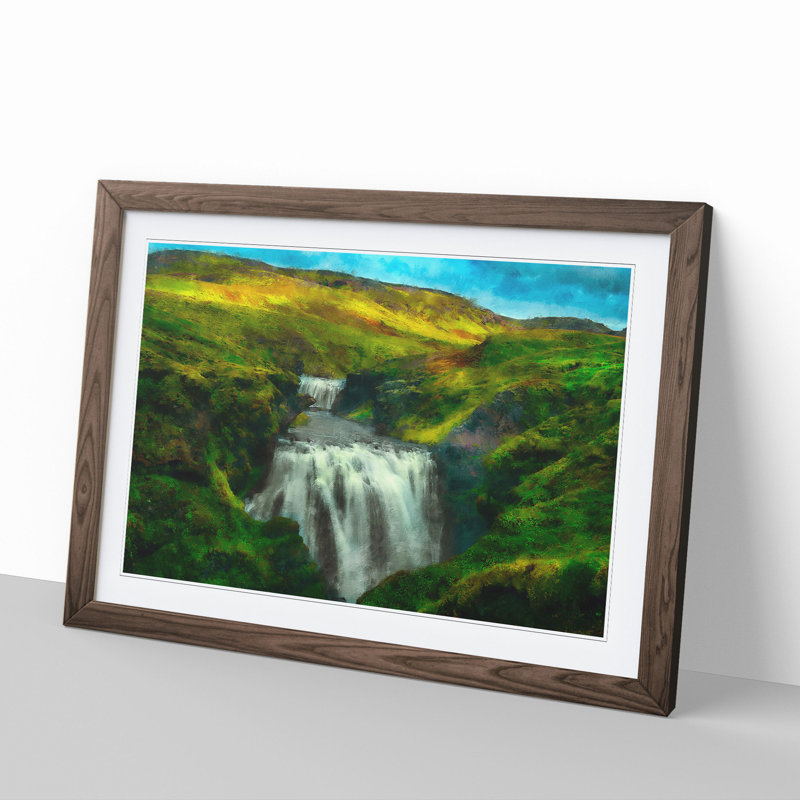 Waterfall in Iceland - Picture Frame Graphic Art, 27cm H x 36cm W x 2cm D, Walnut