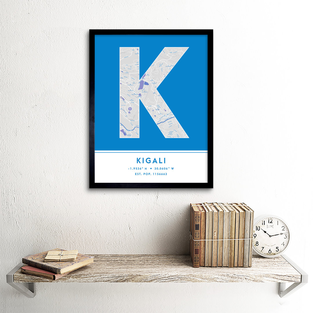 Kigali City Map Kigali Blue by Wee Blue Coo - Single Picture Frame Typography