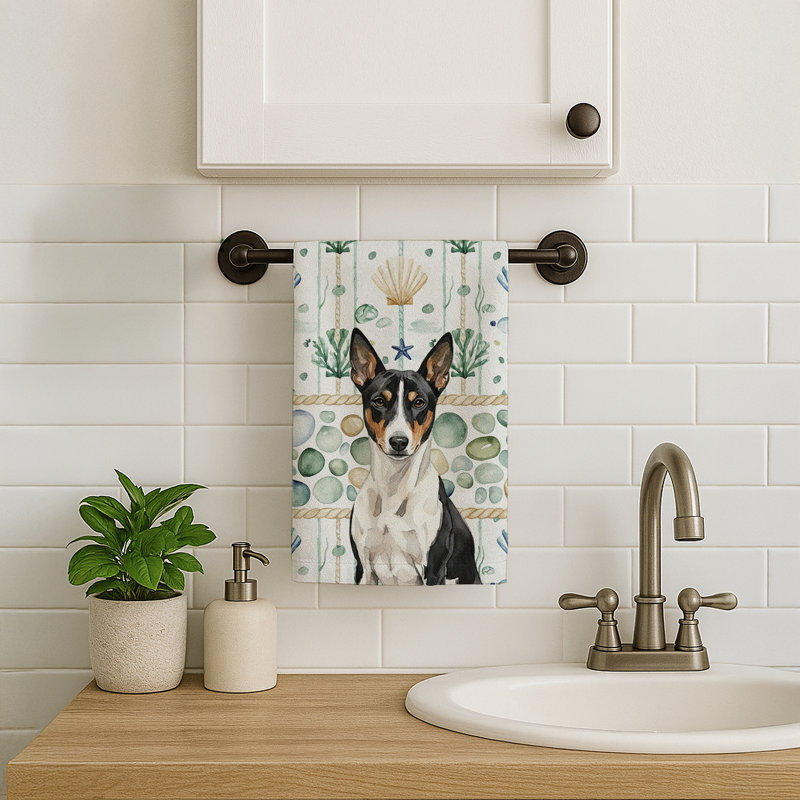 Black and White Basenji Coastal Sea Glass Kitchen Towel, Black and White Basenji