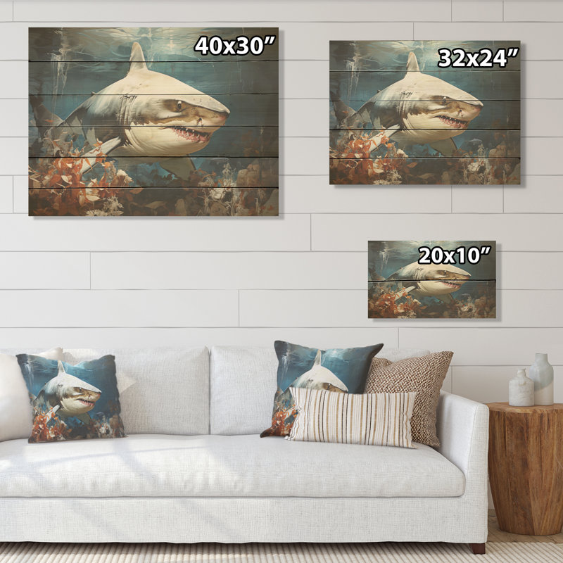 Minimalism Shark Hunting - Coastal Animal Wood Wall Art On Natural Pine Wood, 30" H x 40" W