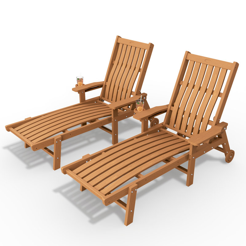 Teak Outdoor HDPE Adjustable Reclining Chaise Lounge Chair With Wheels & Cup Holder (Set of 2), Teak, 2