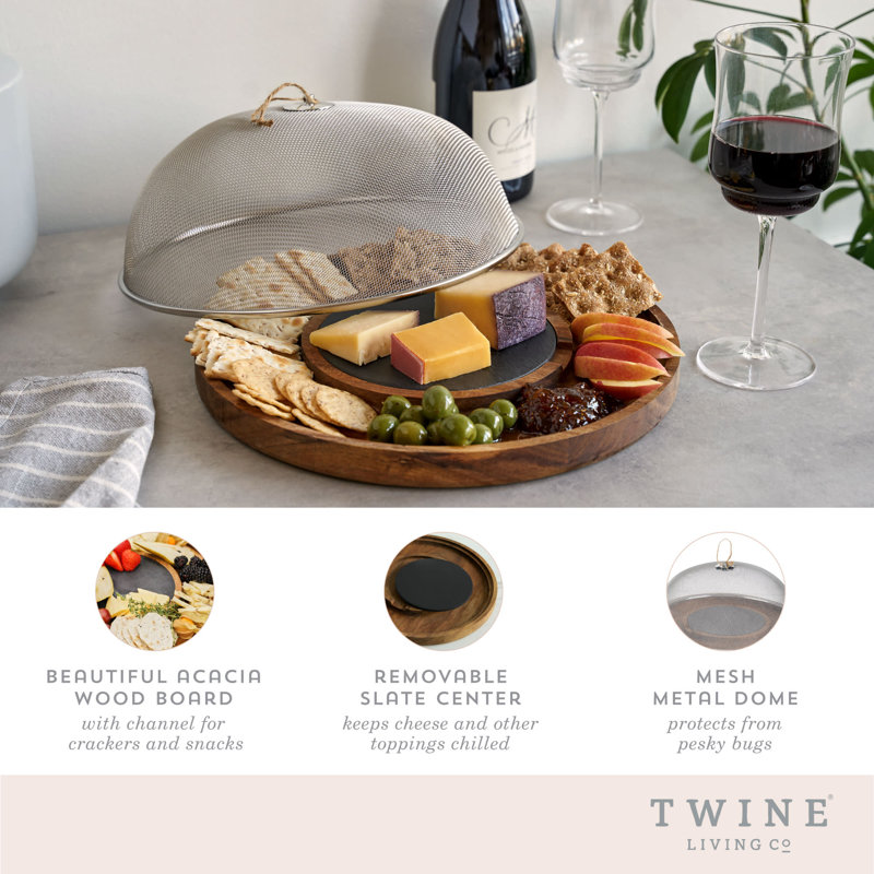 Acacia Wood and Slate Round Cheese Board with Mesh Dome Cover