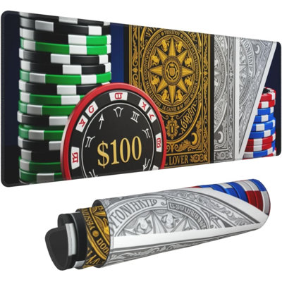 Tapis de souris XXL avec motif de jetons de casino et de poker sur fond noir, idéal pour le travail et les jeux. Base en caoutchouc antidérapante et bords cousus résistants. Dimensions : 40 x 80 cm.