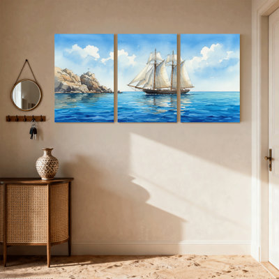 Nautique et plage, bateau sur une mer bleue calme avec ensemble de 3 impressions sur toile de côte rocheuse
