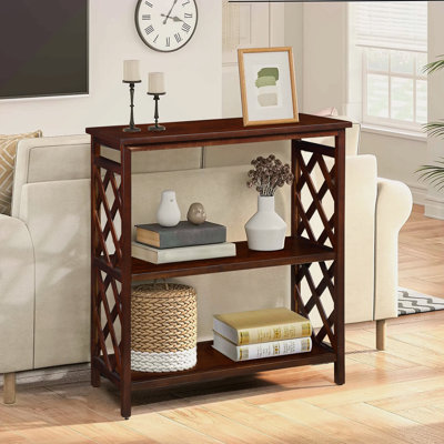Console à 3 niveaux avec tablettes de rangement, bibliothèque ouverte avec pieds en bois massif pour le couloir, le salon et la chambre à coucher. Cerise
