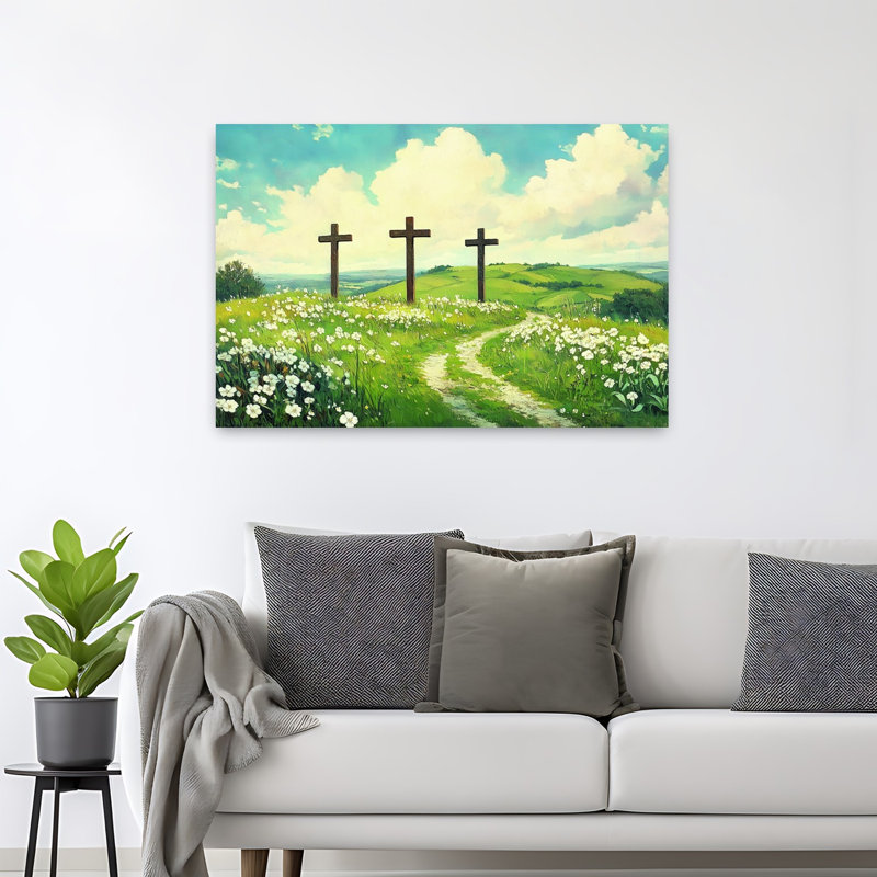 Three Wooden Crosses Abstract Contemporary Landscape Nature Wall Art Print, 32" H x 48" W