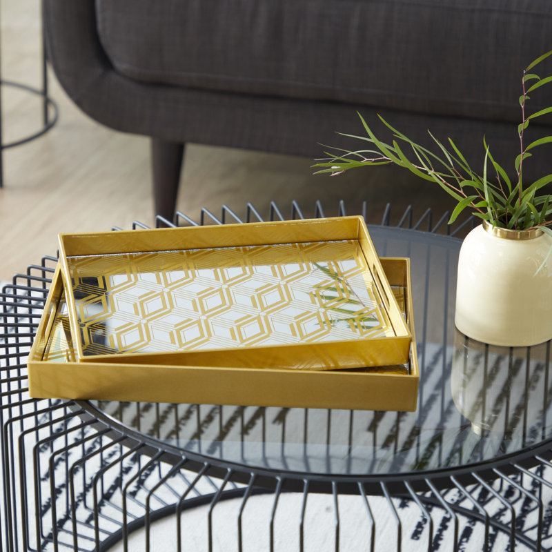 Gold Sun Star Mirrored Glass Tray Set, 2 Piece