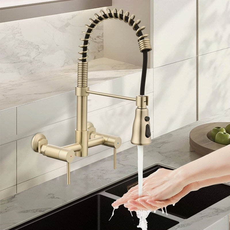 3 Functions Wall Mounted Bridge Kitchen Faucet, Brushed Gold