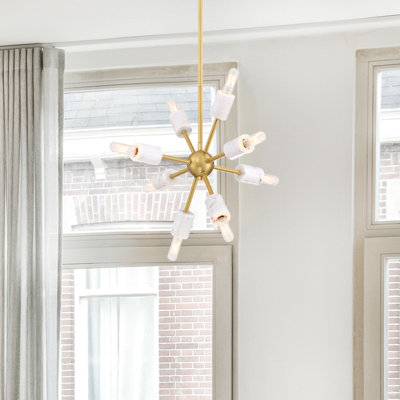 Luminaire suspendu style moderne Mid-Century à 8 lumières en or brossé avec des détails en marbre naturel de 60 watts