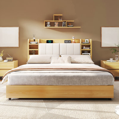 Revan Ebern Designs Bed Frame With Headboard, Platform Bed Frame With 4 Storage Drawers & Hidden Storage, Bookcase Bed Frame With Charging Station