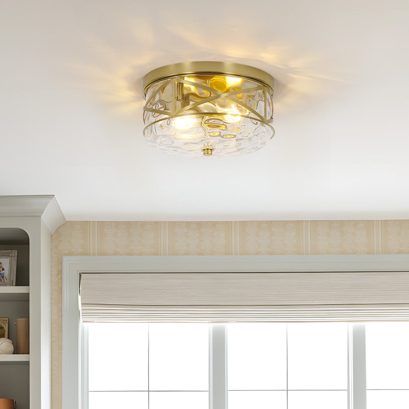 Alixandra 2-Light Flush Mount Glass Ceiling Light with Metal Frame, Gold, 10" L x 10" W x 5" H
