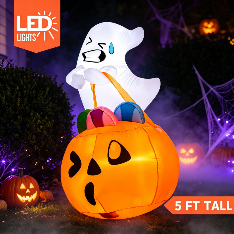5 FT Tall Halloween Inflatable Cute Ghost Holding Pumpkin Candy Bag, Blow Up Yard Decoration with Built-in LEDs, Indoor & Outdoor Halloween Decor for Yard, Garden, Lawn, Party