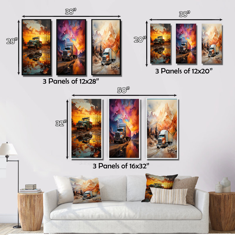 «Yellow Truck 53Ft Sublime Landscape», 3 pièces sur toile, Toile tendue, H 20 po x l 36 po