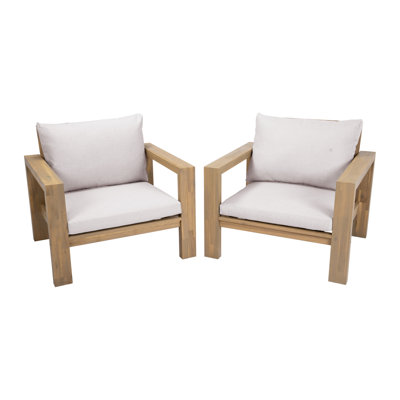 Ensemble de chaises d'extérieur Deux fauteuils d'appoint Élégants fauteuils d'extérieur Ensemble de conversation pour 2 personnes avec coussins pour le jardin, la cour, le balcon, le bord de la piscine, le teck clair et le coussin beige