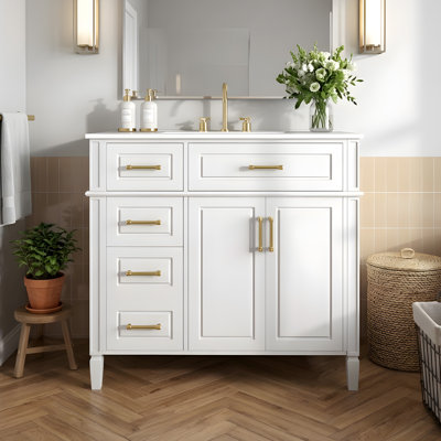 Meuble-lavabo simple 36 po avec comptoir 36 po avec finition blanche, 4 tiroirs (1 tiroir rabattable) + 2 portes et tablette réglable, pin et bois aggloméré, lavabo en céramique, poignées en métal, charnières à fermeture en douceur, autoportant