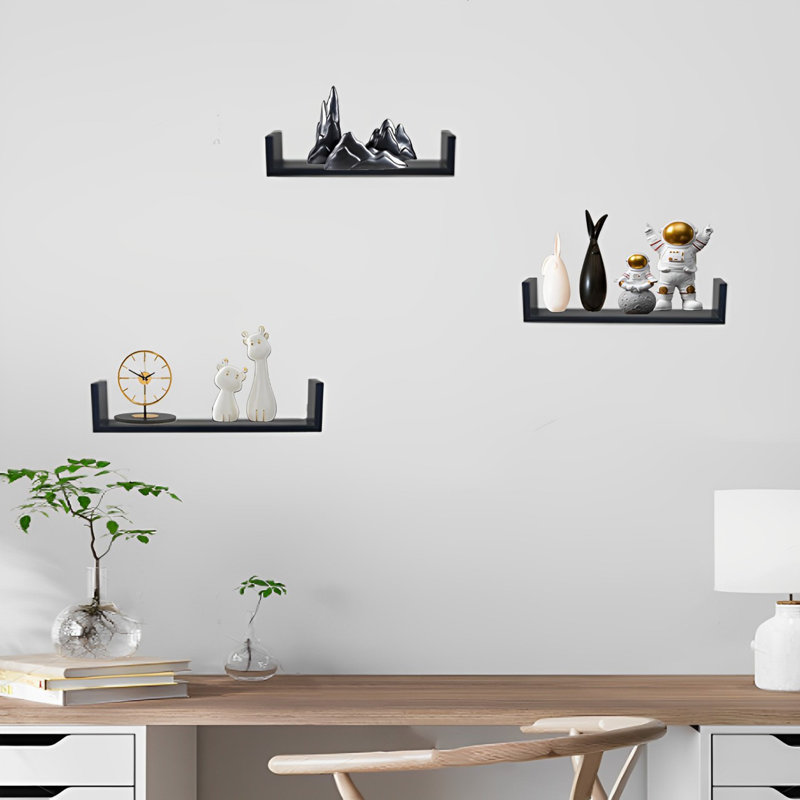 Tablettes flottantes murales, conception en U rustique, solution de rangement polyvalente pour la maison et le bureau