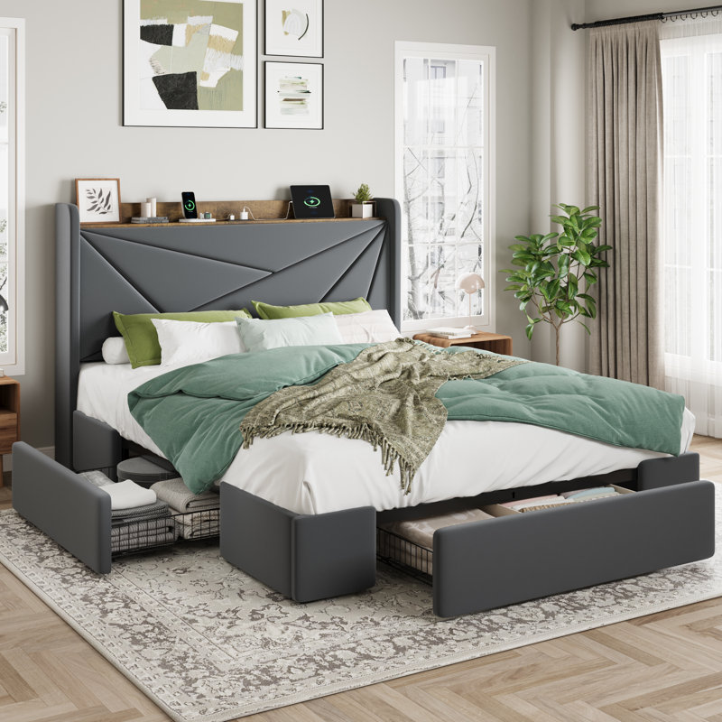 Modern Upholstered Bed With Charging Station & Storage Drawers, Velvet Wingback Headboard,Queen/Full/King Size, Gray, Full