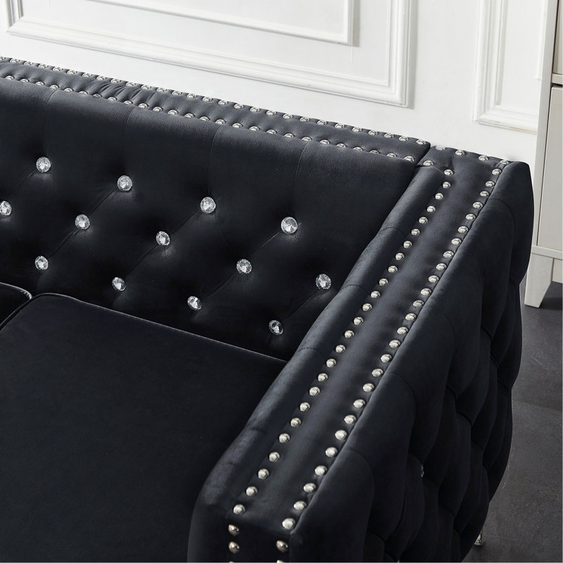 Moderne, largeur de 82,3 po, velours noir à 3 places, capitonnage à boutons, carré, structure en bois massif, pieds en métal, 2 coussins décoratifs, canapé simple à installer avec boutons, style classique, structure, facile à poser