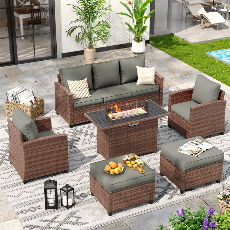 6-Piece Patio Furniture Set with Gas Fire Pit Table, PE Wicker Outdoor Conversation Set with 3-Seat Sofa, 2 Armchairs and Ottomans, Outdoor Patio Furniture for Backyard & Porch