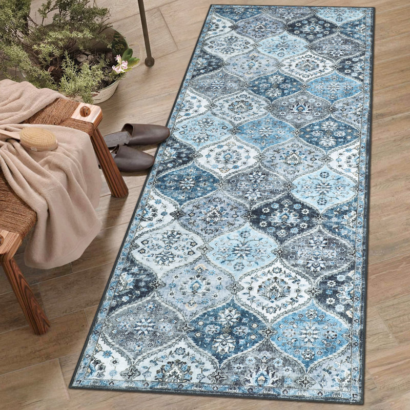 Washable Rug Vintage Distressed Rugs Non-Slip Stain Resistant Area Rug Floor Cover for Bedroom Living Room, Blue