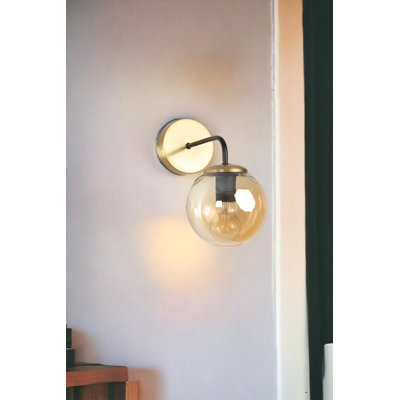 Elegant Metal Wall Lamp with Glass Cap, Amber & Black/Gold Finish, 11.8 in Diameter x 9.8 in Height, 11.8 in Distance from Wall | E27 Socket, Max 40W, IP20 Rated | Perfect for Modern Living Spaces & Ambient Lighting