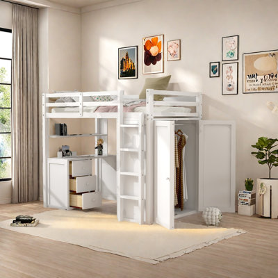 Lit mezzanine simple avec tiroirs, bureau et garde-robe