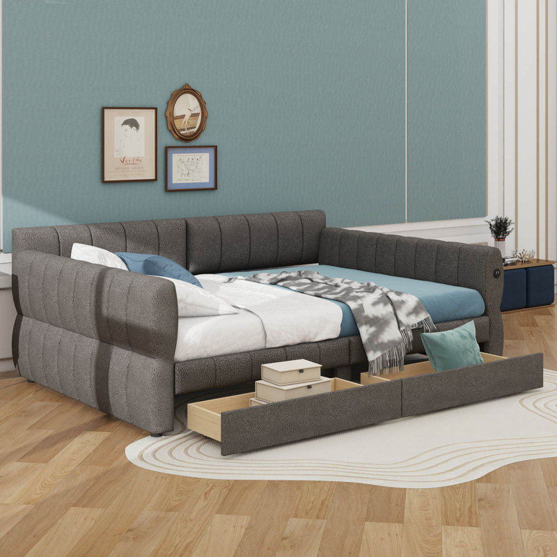 Grand lit tapissier avec options de chargement et de rangement USB intégrées, Gris