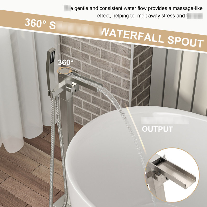 Waterfall Faucet For Bathtub, 360 Rotatable Spout And Hand Shower, Heavy - Duty Brass, Brushed Nickel Design Tub With Spout, Brass Construction,