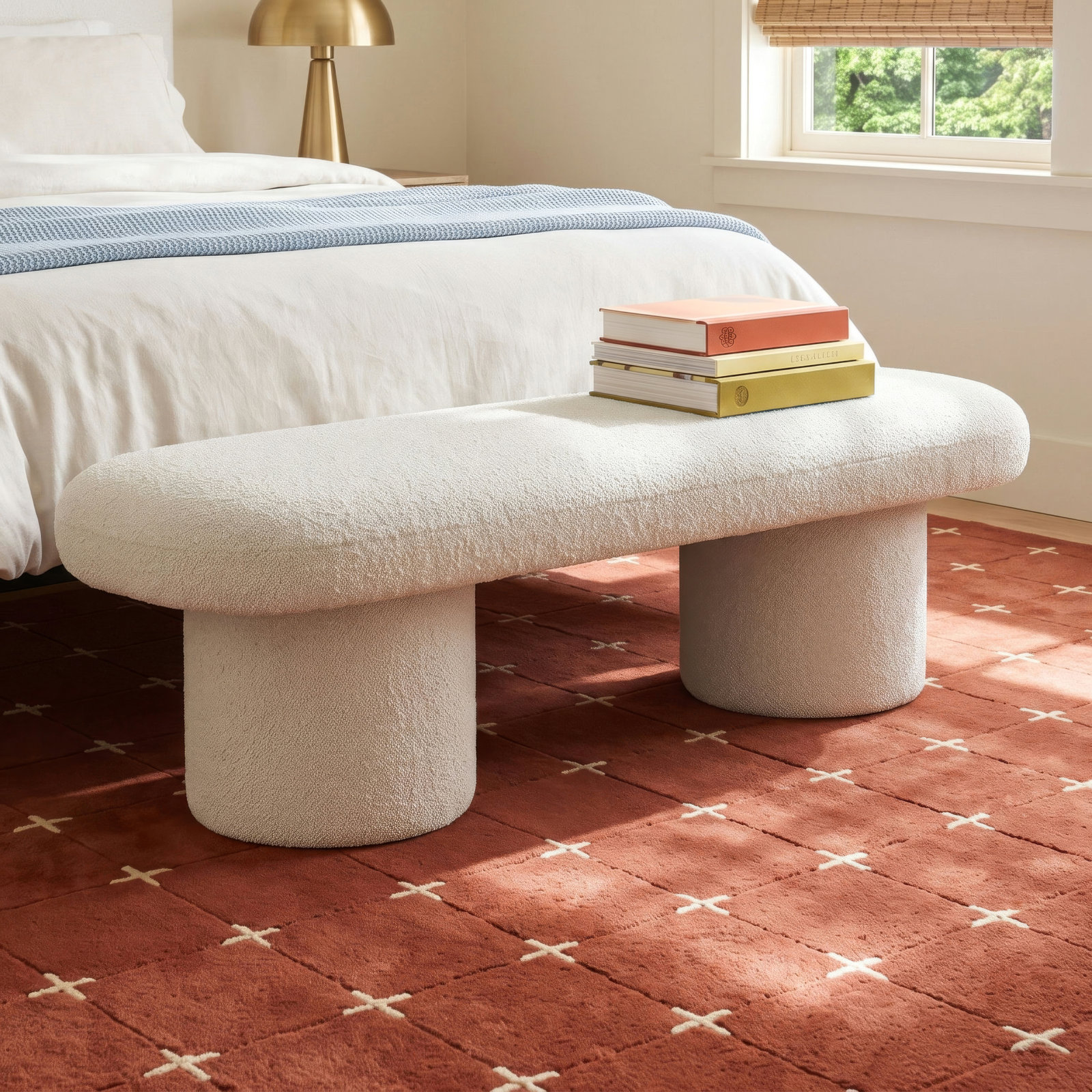 Anston 56" Bedroom Bench, Ivory White Boucle