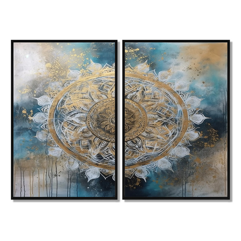 Bleu sarcelle et mandala doré III - motifs géométriques boho mandala sur toile, 2 panneaux, Impression encadrée flottante