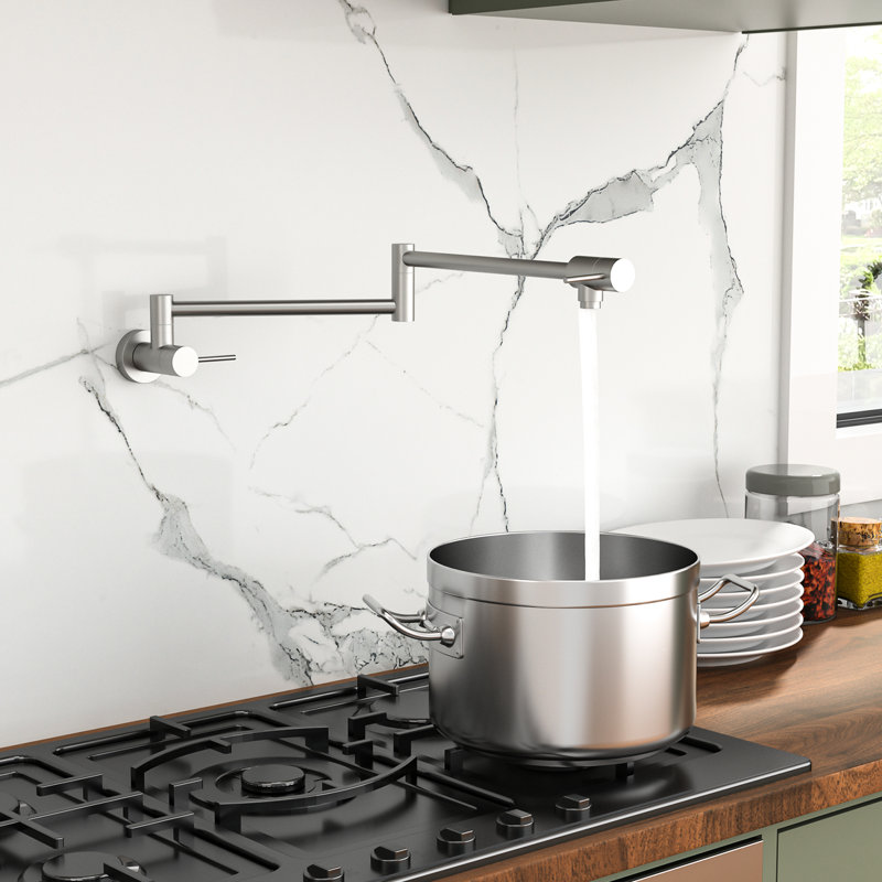 Brushed Nickel Wall Mounted Pot Filler Faucet, Single Hole Installation, Two Handles, 360 Rotatable, Foldable Arm For Kitchen Filling And Space Saving Mount, Nickel, Rotation, Design To Save