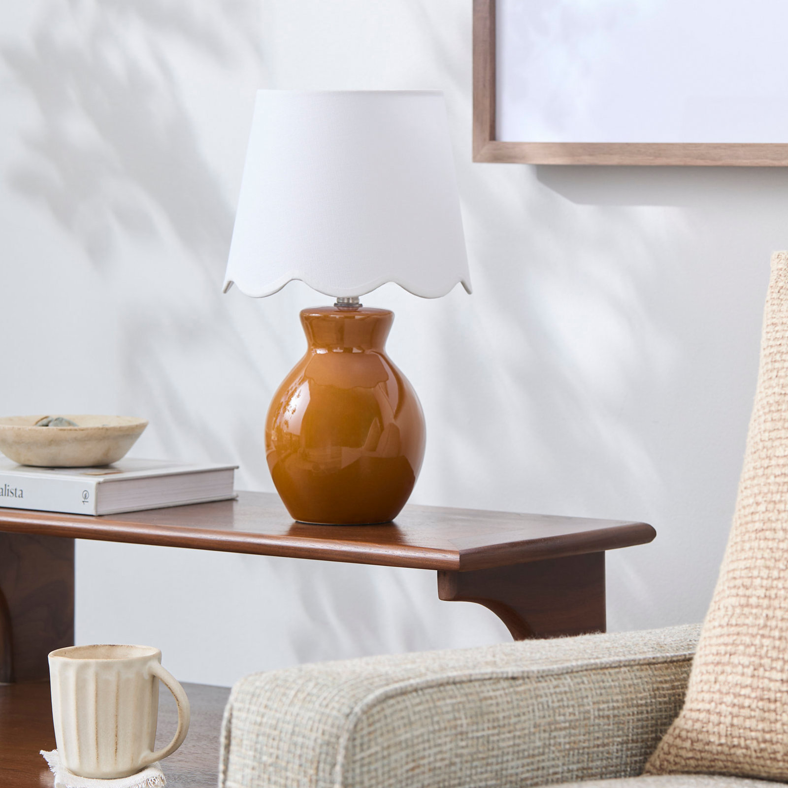 Momsen Scallop Shade Lamp, 15" H x 8" W x 8" D, Brown, White Twill
