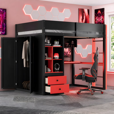 Solid Wood Loft Bed with Desk, Storage, and Wardrobe, Smart LED and USB Charging
