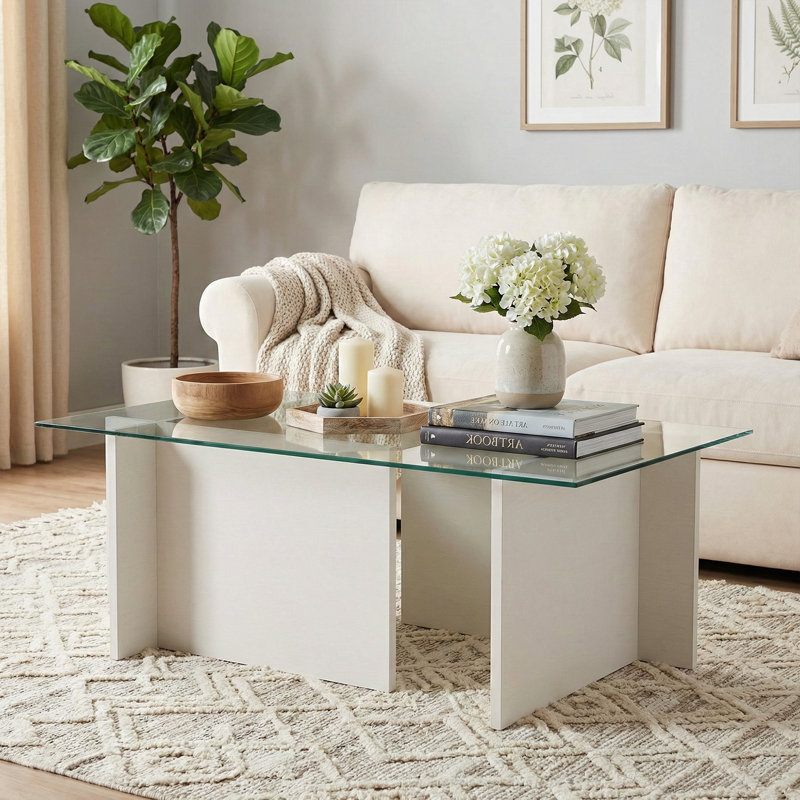 Table basse rectangulaire en verre trempé, Blanc bois, H 15,7 po x l 41,3 po x P 25,6 po