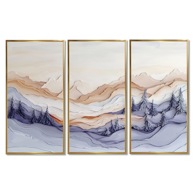 Lavande Dusk Reverie I - Sunset Landscape, art mural 3 pièces, 32" H x 48" W, Cadre flottant doré