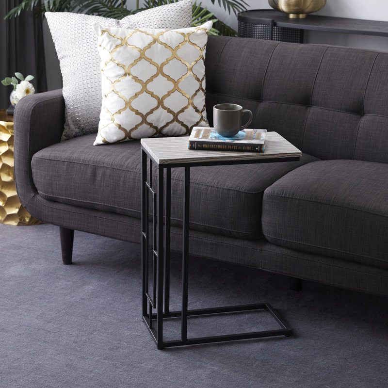 Canna Metal C-Shaped Side End Accent Table with Metal Base, Black, Light Brown