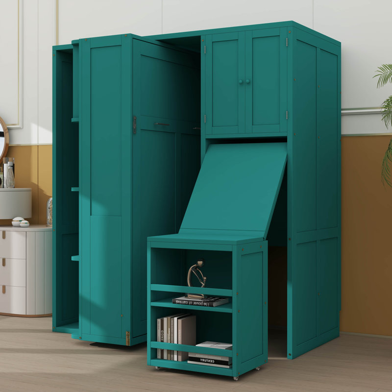Lits simples escamotables rotatifs muraux avec bibliothèque, armoire, bureau réglable et rangement latéral, Bleu sarcelle