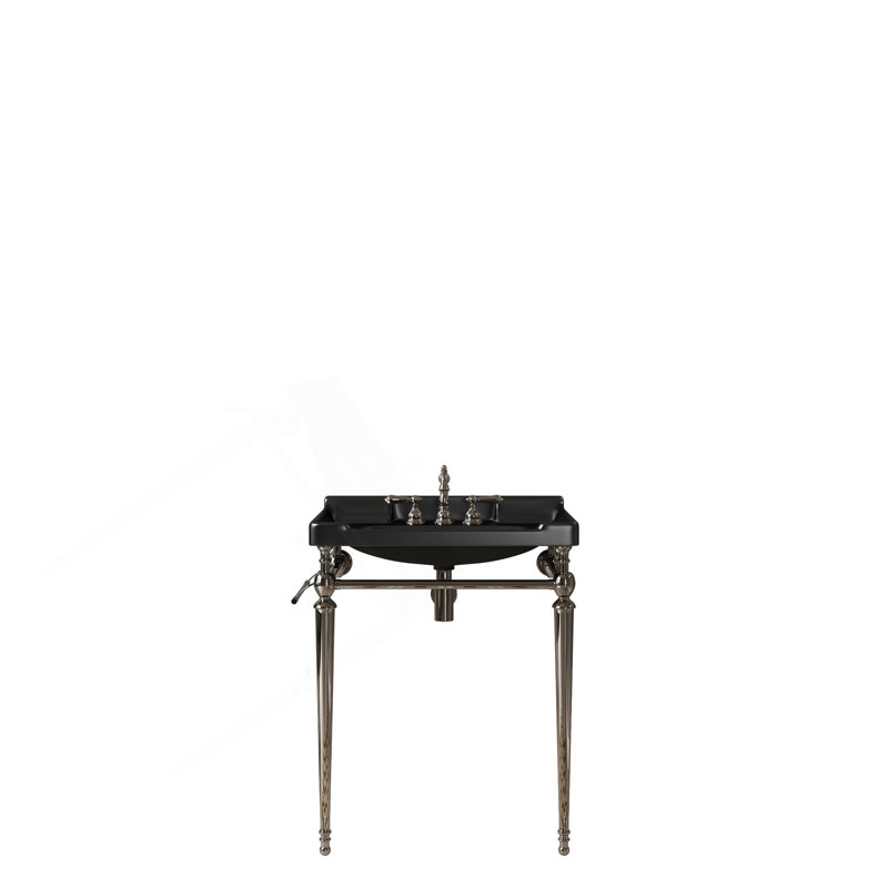 28" Bathroom Console Sink, Wall-Mounted Black Ceramic Vanity Basin With 3 Pre-Drilled Faucet Holes, Freestanding Stainless Steel Support Legs With Towel Bar, No Faucet & Sink Cover, Chrome Color